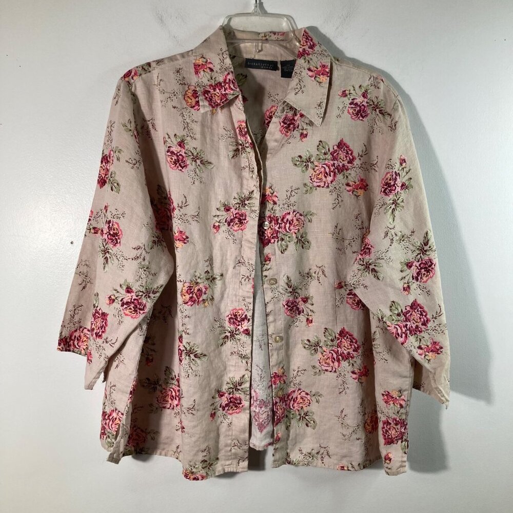 Womens Relativity Floral Linen Button Shirt 1/2β Sleeve Tan Pink 2X Collar Linen